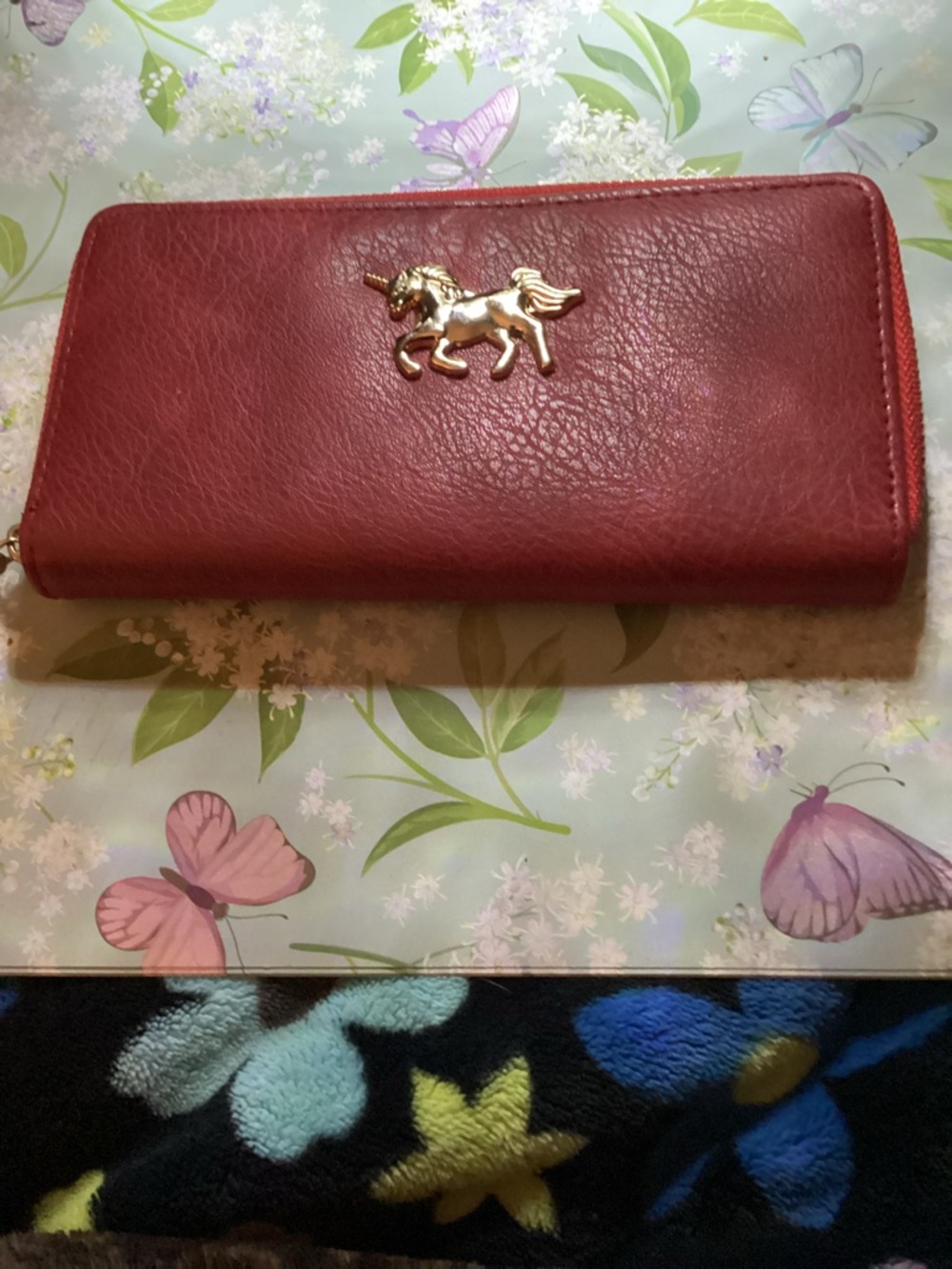 Source Unknown Red Zip-Around Wallet with Gold Unicorn Accent